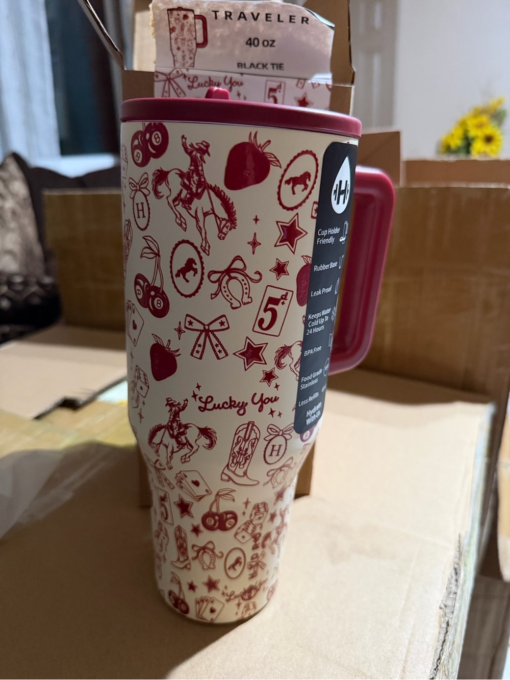 HydroJug Cream and Red Lucky You Pattern Travel Tumbler